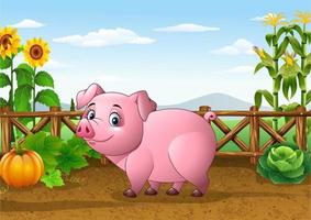 porco dos desenhos animados com fundo de fazenda vetor