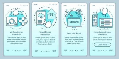 serviços domésticos para dispositivos eletrônicos que integram o modelo de vetor de tela de página de aplicativo móvel. Conserto de computador. Passo a passo do site com ilustrações lineares. ux, ui, gui conceito de interface de smartphone