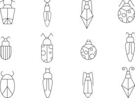 conjunto de ilustração vetorial de bug inseto plana. conjunto de ilustração de bugs de contorno preto. vetor ícones preto e brancos de diferentes insetos