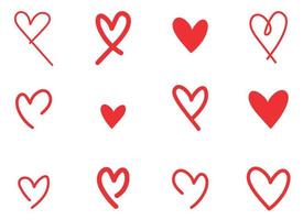 . símbolos do coração isolados em um fundo branco ícones desenhados à mão vermelha para amor, casamento, dia dos namorados ou outro design romântico. vetor