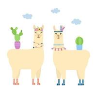 duas lhamas fofas em pé. alpacas de desenhos animados com cactos. modelo para design de berçário, pôster, papelaria, impressão de camiseta. vetor