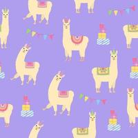 padrão sem emenda de lhamas bonitos. alpacas em chapéus de aniversário, caixas de presente e bandeiras. plano de fundo para design de aniversário e chá de bebê. vetor