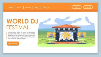 modelo de vetor de página de destino do festival mundial de dj. idéia de interface de site de acampamento de música de dança com ilustrações planas. layout da página inicial da festa ao ar livre. banner web deejay fest, conceito de desenho animado de página da web