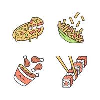 conjunto de ícones de cores de fast-food. pizza, batatas fritas, coxinhas de frango, sushi. cozinha italiana, americana e asiática. pratos gordos. restaurante, menu de café. ilustrações vetoriais isoladas vetor