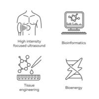 conjunto de ícones lineares de biotecnologia. Bioengenharia. hifu, bioinformática, engenharia de tecidos, bioenergia. símbolos de contorno de linha fina. ilustrações de contorno de vetor isolado. traço editável