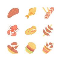conjunto de ícones de cor de sombra longa de design plano de menu de restaurante. fast food, cozinha italiana e mediterrânea. pizza, lagosta, bife, hambúrguer, sushi, salsichas, pernas de frango. ilustrações de silhuetas vetoriais