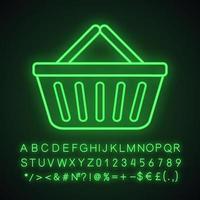 ícone de luz neon de cesta de compras de supermercado. sinal brilhante com alfabeto, números e símbolos. ilustração vetorial isolada vetor