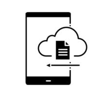ícone de glifo de armazenamento em nuvem do smartphone. download do arquivo. computação em nuvem móvel. símbolo de silhueta. espaço negativo. ilustração vetorial isolada vetor