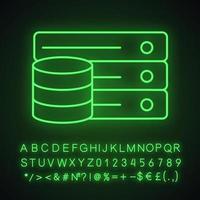 ícone de luz neon do banco de dados. armazenamento digital. servidor. grandes dados. sinal brilhante com alfabeto, números e símbolos. ilustração vetorial isolada vetor