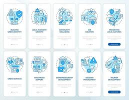 Conjunto de tela de aplicativo móvel de integração azul de conservação de patrimônio. cultura passo a passo 5 passos páginas de instruções gráficas com conceitos lineares. ui, ux, modelo de gui. vetor