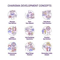 conjunto de ícones de conceito de desenvolvimento de carisma. táticas de comunicação. ilustrações de cores de linha fina de ideia de auto-apresentação. símbolos isolados. traço editável.