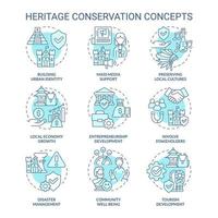 Conjunto de ícones de conceito turquesa de conservação do patrimônio. salvando artefatos culturais estratégia ideia ilustrações de cores de linha fina. símbolos isolados. traço editável. vetor