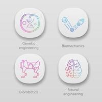 conjunto de ícones de aplicativos de bioengenharia. engenharia genética, biomecânica, biorobótica, engenharia neural. biotecnologia. interface de usuário ui ux. web ou aplicativos móveis. ilustrações vetoriais isoladas vetor