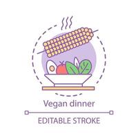 ícone do conceito de jantar vegano. ilustração de linha fina de ideia de estilo de vida vegetariano. alimentos orgânicos, nutrição saudável. milho cozido com desenho de contorno isolado de vetor de salada de legumes. traço editável