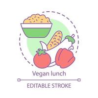 ícone do conceito de almoço vegano. ilustração de linha fina de ideia de estilo de vida vegetariano. deliciosa comida orgânica, nutrição saudável. mingau com vegetais crus vector desenho de contorno isolado. traço editável