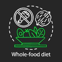 ícone do conceito de giz de dieta de comida inteira. ideia de estilo de vida vegano. frango, noz e salada de legumes vector ilustração de lousa isolada. nutrição vegetariana, refeição saudável. abstenção de fastfood