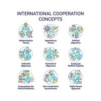 conjunto de ícones do conceito de cooperação internacional. integração global para ilustrações de cores de linha fina de ideia de desenvolvimento. símbolos isolados. traço editável. vetor