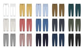 conjunto de esboço técnico de calças casuais com bolsos. coleção de modelos de design de calças infantis. cad calças esportivas masculinas vetor