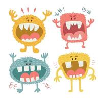 conjunto de monstros fofos infantis fofos em estilo escandinavo plano desenhado à mão. personagens de halloween com a boca aberta. ilustração vetorial simples. vetor