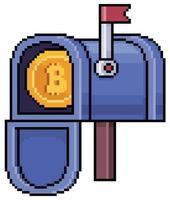 caixa de correio de pixel art com bitcoin. ícone de vetor de ordem de criptomoeda para jogo de 8 bits em fundo branco