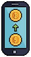 pixel art comprar bitcoin no celular. investimento em ícone de criptomoedas para jogo de 8 bits em fundo branco vetor