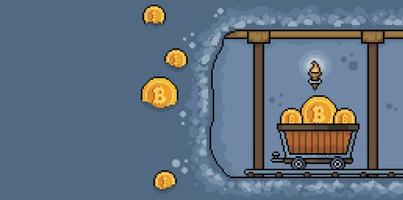 mina de bitcoin de pixel art com carrinho de mineração. caverna de mineração bitcoin com espaço para fundo de vetor de 8 bits de texto
