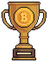troféu de bitcoin de pixel art. ícone de vetor de prêmio de criptomoeda para jogo de 8 bits em fundo branco