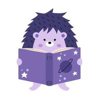 livro de leitura de ouriço fofo de vetor. ouriço com livro aberto. livro com estrelas e panet. animal fofo com livro. vetor