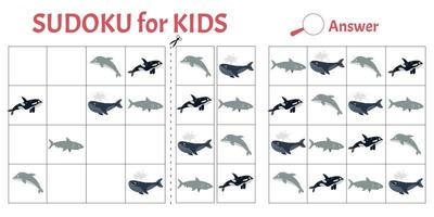 jogo sudoku para crianças com fotos de animais marinhos. ficha de atividades das crianças. estilo de desenho animado de ilustração vetorial vetor