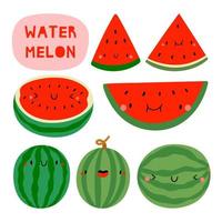conjunto super fofo - diferentes melancias desenhadas à mão. personagem de fruta melancia sazonal com carinha. ilustração de comida engraçada vetor