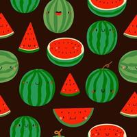 padrão sazonal super fofo com melancia. fundo de frutas sazonais de verão. personagens de melancia sorridente. fatias de melancia com rostos vetor