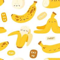 padrão de vetor sem costura com personagens de bananas e bolhas do discurso. textura de comida engraçada e fofa. fundo de frutas de verão com bananas diferentes desenhadas à mão