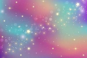 fundo de fantasia de arco-íris. céu multicolorido brilhante com estrelas e bokeh. ilustração holográfica em cores pastel violeta e rosa. papel de parede feminino bonito dos desenhos animados. vetor. vetor