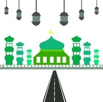 mesquita verde e eid al-adha lanterns.for fundo e modelo de cartão de saudação de ano novo islâmico com lua crescente, mesquita, estrelas. também adequado para eid al-fitr, eid al-adha, ramadan, iftar, etc vetor