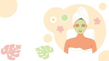 mulher em um salão de spa, em uma toalha com uma máscara no rosto. cuidados com a pele, conceito de beleza. banner com espaço de cópia. ilustração vetorial de estoque. vetor