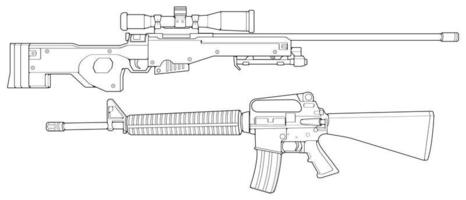 conjunto de estilo de arte de linha de armas de fogo, arma de tiro, ilustração de arma, linha vetorial, ilustração de arma, arma moderna, conceito militar, arte de linha de pistola para treinamento