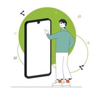 homem feliz perto de grande smartphone. conceito de pessoas e gadgets. modelo de exibição de smartphone para site ou anúncio vetor