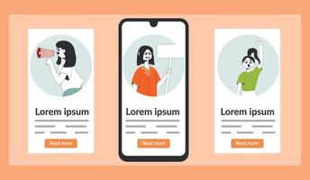 conjunto de kit de interface de usuário de telas de integração, conceito de modelos de aplicativo móvel com mulher protestando. ux moderno, tela de interface do usuário para site móvel ou responsivo. vetor
