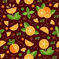 fundo sem costura com fatias de laranja, elementos geométricos de memphis. flores feitas de fatias de laranja. bom para branding, decoração de embalagens de alimentos, design de capa, impressão decorativa, têxtil vetor