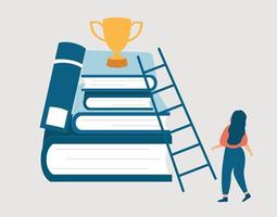 mulher se preparando para subir na pilha de livros usando uma escada para conseguir um prêmio no topo. caminho para o sucesso empresarial e pessoal. conceito de educação, conhecimento, aprendizagem e desenvolvimento de habilidades. vetor