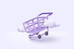 Carrinho de compras 3D com nuvem para compras online e ideias de marketing digital. cesta e rótulos promocionais na sacola de compras de fundo branco comprar vender desconto ilustração de ícone de vetor 3d