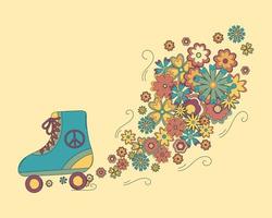 patins de desenho animado com símbolo de paz com um rastro de flores coloridas sobre fundo bege em cores retrô. para design de produto, cartões, impressão, pôster. vetor