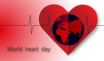 dia mundial do coração com coração e pulso e globo em fundo branco vermelho, vetor ou ilustração com conceito de amor de saúde