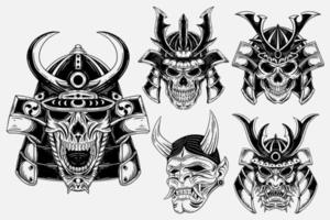 conjunto conjunto de arte escura japonês guerreiro da morte tatuagem de caveira estilo de gravura desenhado à mão vetor