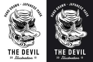 definir crânio arte escura máscara japonesa diabo demônio estilo de gravura desenhado à mão vetor