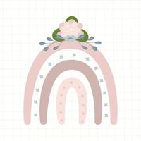 lindo arco-íris com flores em tons pastel, fundo quadriculado para crianças. ilustração de estilo desenhado à mão para cartazes, estampas, cartões postais, tecidos, livros infantis. vetor