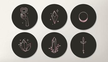 conjunto de ícones e emblemas para capas de notícias de redes sociais com elementos místicos de cristais. modelos de design para astrólogo de estúdio de ioga, turismo, salões de beleza vetor