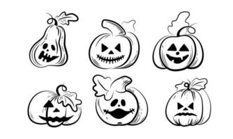 definir abóboras de halloween fofas com sorriso assustador malvado no estilo de esboço de doodle de desenho de mão engraçada. vetor