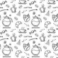 café desenhado à mão doodles bebidas, sobremesas, feijões e outros objetos relacionados. padrão sem emenda de vetor