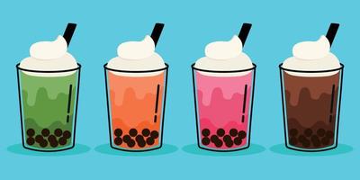 sabores de bebida de gelo de chá de bolhas gostoso conjunto vetor animado fofo
